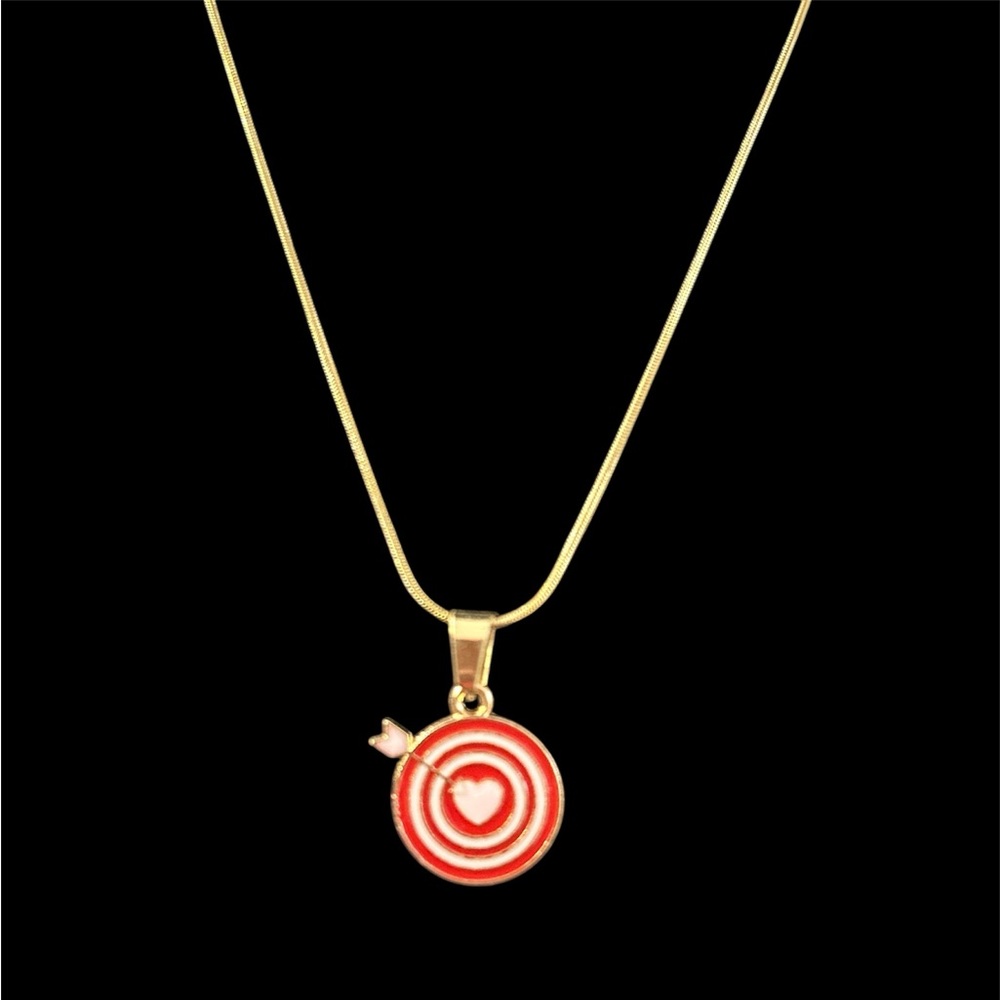 Target Heart Charm Gold Plated Necklace Red Bullseye Pendant 18” Snake Chain